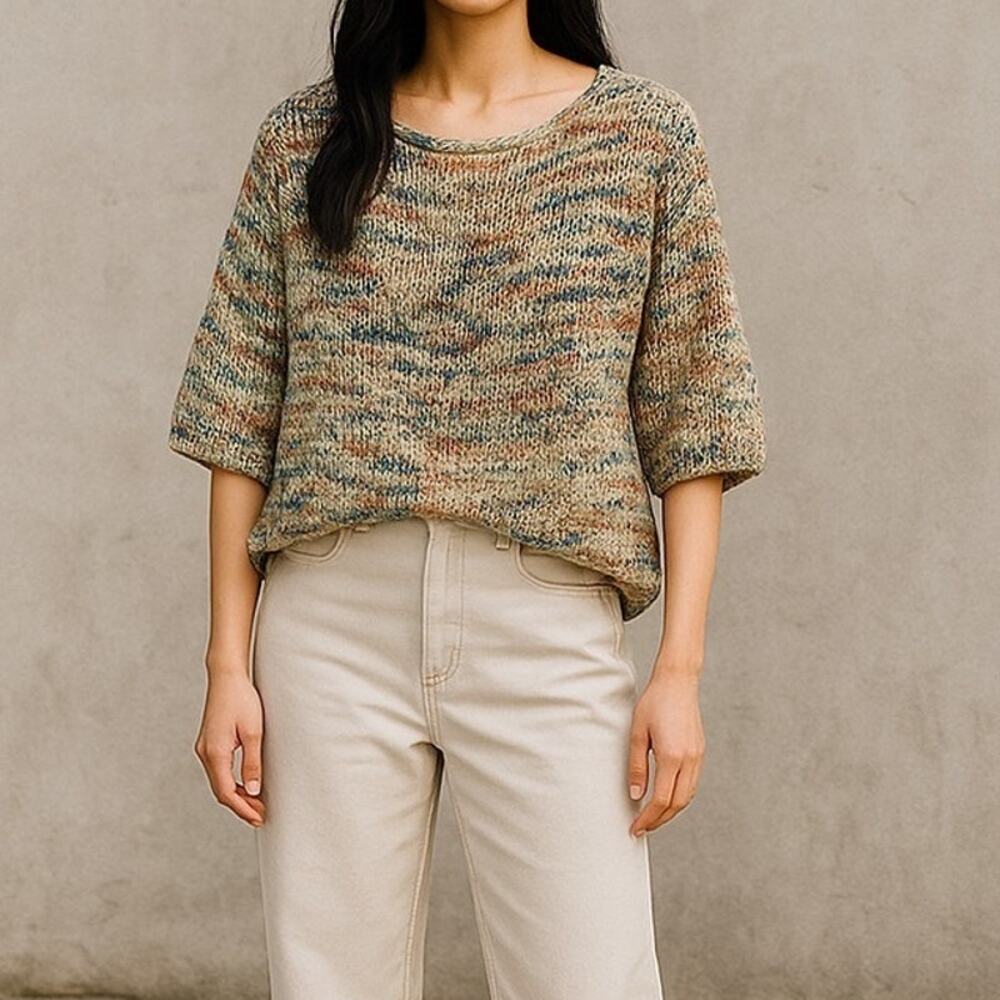 Zara Chunky Knit Relaxed Sweater 3/4 Sleeve Scoop Back S Multicolorfull Cream